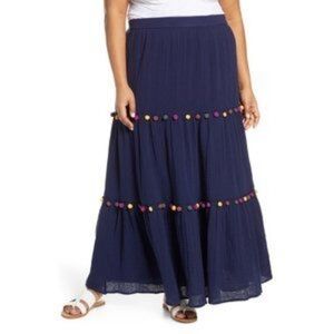 Caslon Tiered PomPom Navy Maxi Boho Prairie Skirt modest Large NWOT